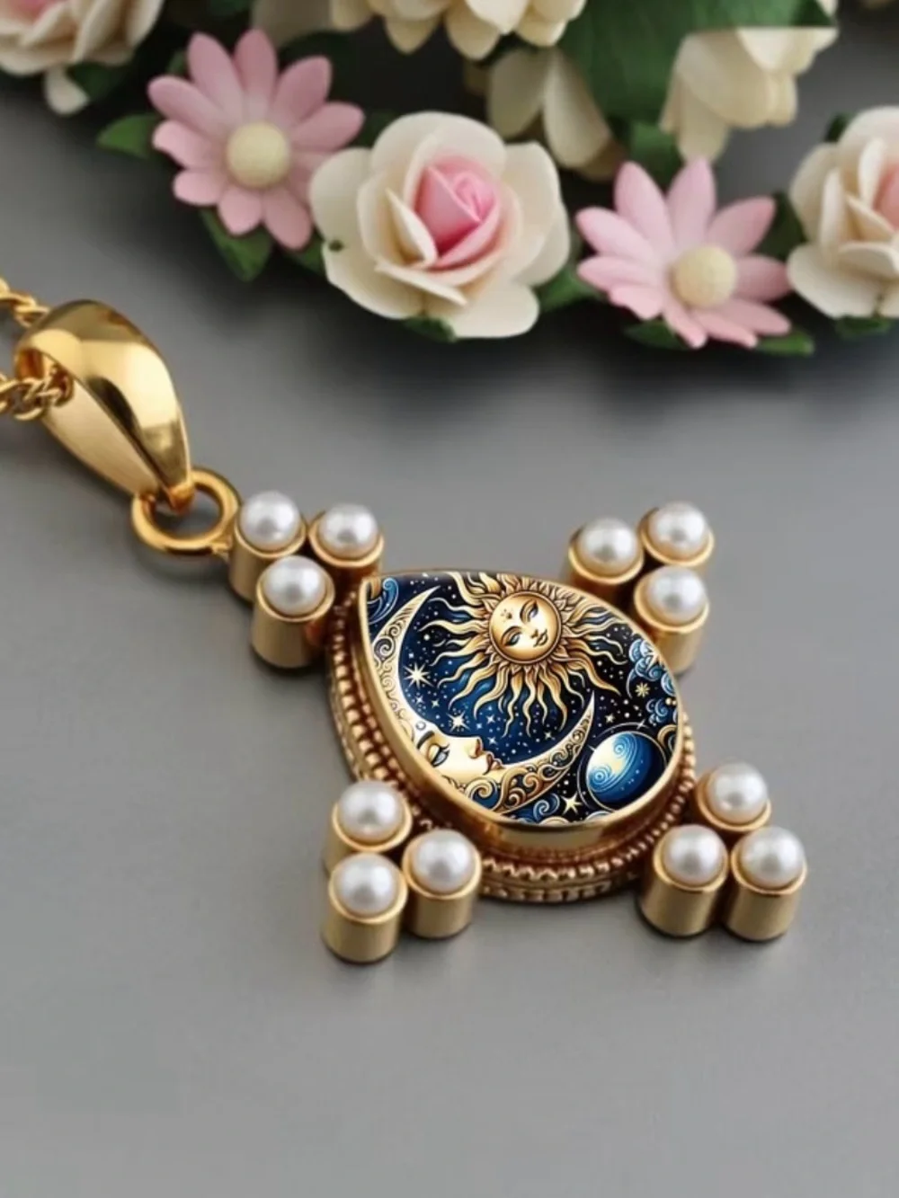 Gold Sun & Moon Pearl Pendant Necklace in Blue